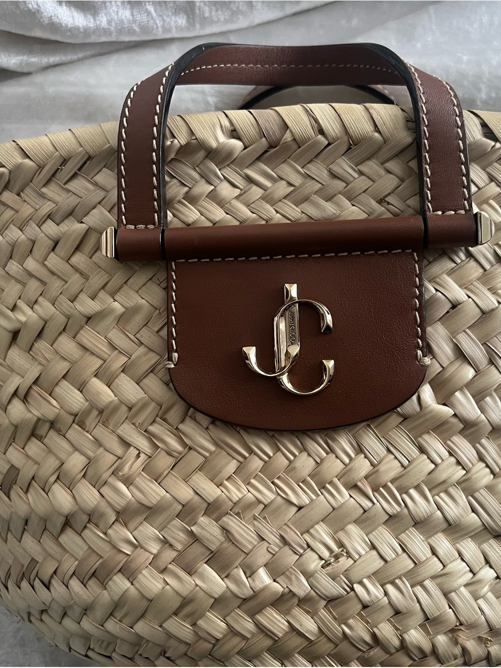 Jimmy Choo Brown Leather-Trim Natural Woven Tote